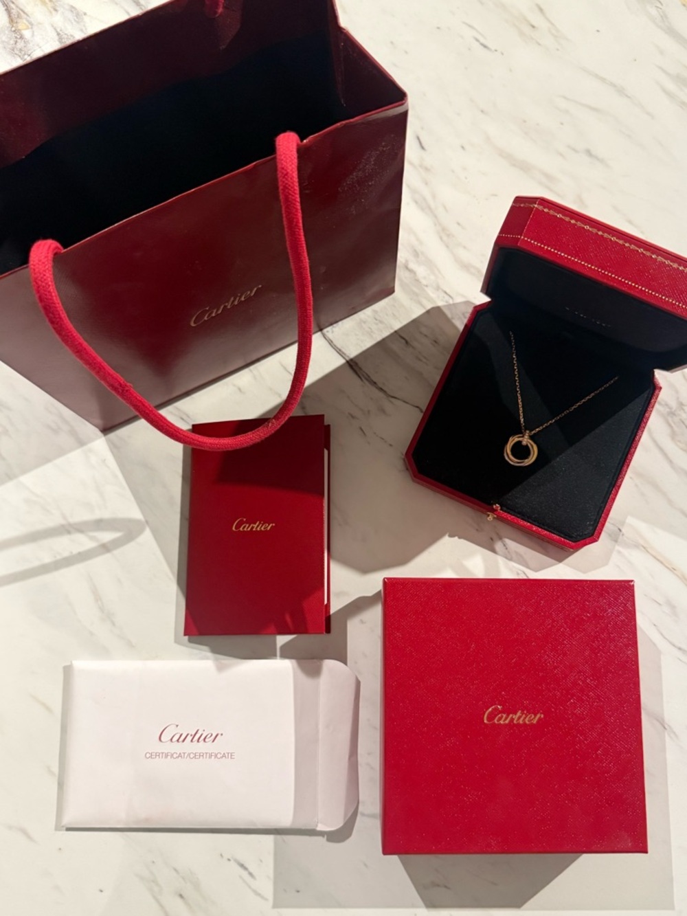 Authentic Cartier Trinity 18K Gold Necklace w/ Diamond Bail – Full Set, Like New - Picture 10 of 13